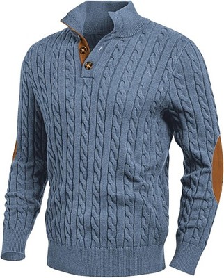 Men's Cable Knit Sweater Pullover Long Sleeve Stand Collar Button Casual Warm