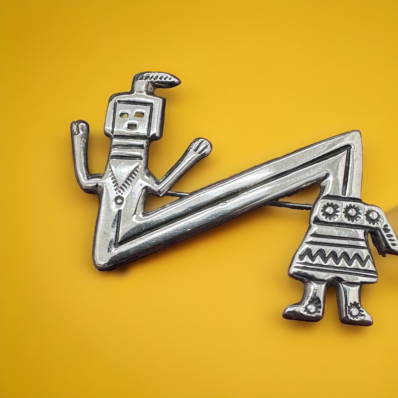 Vintage FJ Sterling Silver Southwestern Native American Figural Brooch Pin 13g