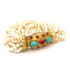 18K Yellow Gold Multi-Strand Pearl Bracelet w/ Turquoise and Pink Stone Accents