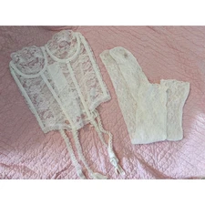 Vintage White Lace Corset Bustier Lingerie and Socks Size 32 Dolores Poirette