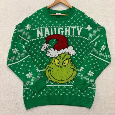 Grinch Christmas Sweater Mens XL "Naughty" Santa Hat Green Snow 100% Acrylic - Image 1 of 4