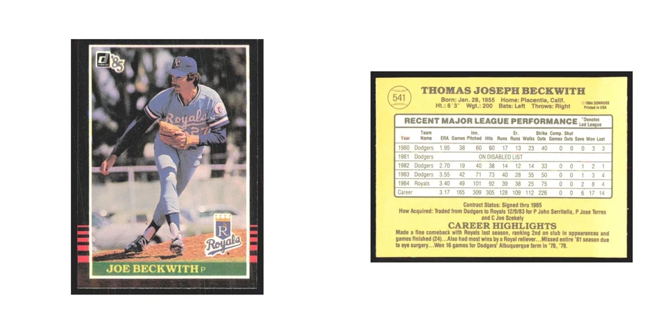 1985 Donruss Joe Beckwith Royals #541 - Image 3 of 3