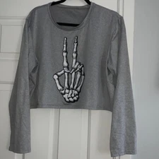 Shein curve size 2XL gray skeleton peace halloween crop top long sleeve shirt