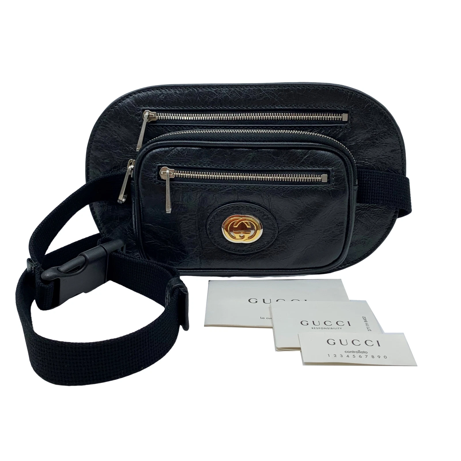 Sac corps à verrouillage authentique GUCCI GG sac ceinture et pack de fanny cuir noir 36634158