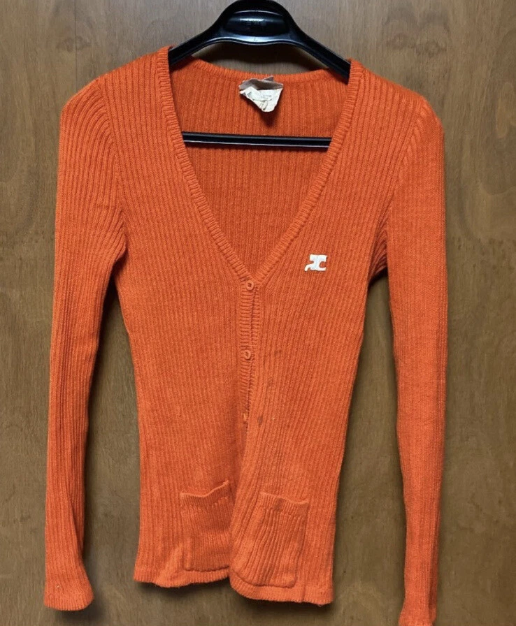 Courreges Vintage Logo Embroidery Knit Cardigan Orange Made in France Rare Used