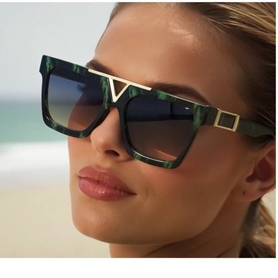 Oversized Square Sunglasses Green Marble Design Gold V Detail Fashion Eyewear