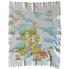 Vintage Sesame Street Baby Blanket Thermal Waffle Satin Trim Muppets Big Bird