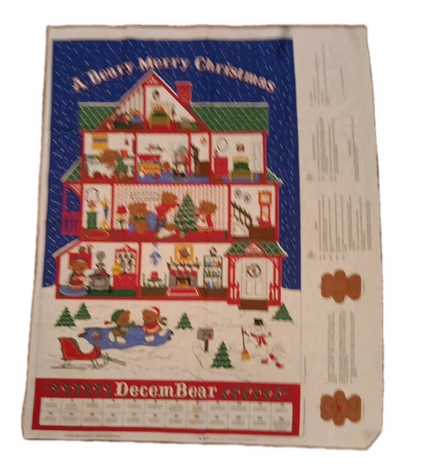 Vtg Beary Merry Christmas Advent Calendar Fabric Panel w/ Bears & Instructions - Image 3 of 4