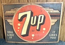 Vintage 1946 7UP &ldquo;You Like It&rdquo; &ldquo;It Likes You&rdquo; Deco Painted Metal Embossed Sign