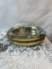 Vintage 2 Pc Clear Glass Ashtray Brass Base Rope Trim Design Holder MCM 6"