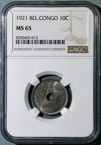 Belgium Congo 1921 10 Centimes CN Nice Choice BU NGC MS65 Top Pop 4/0