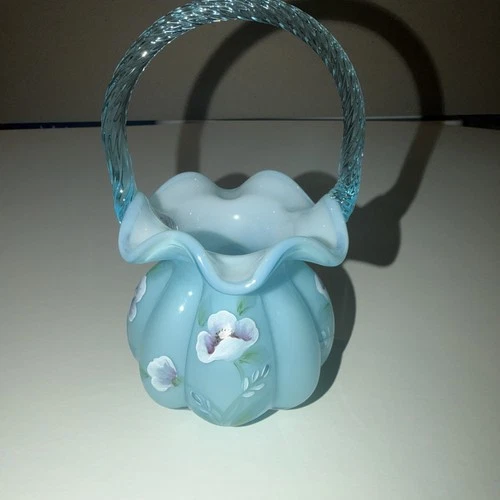 FENTON Blue Topaz Overlay MELON BASKET Hand Painted Signed 2002 #2812