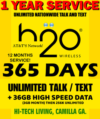 SIM with FULL YEAR  UNLIMITED T/T   W/ 36 GB DATA!   H20 H2O WIRELESS DEALER!