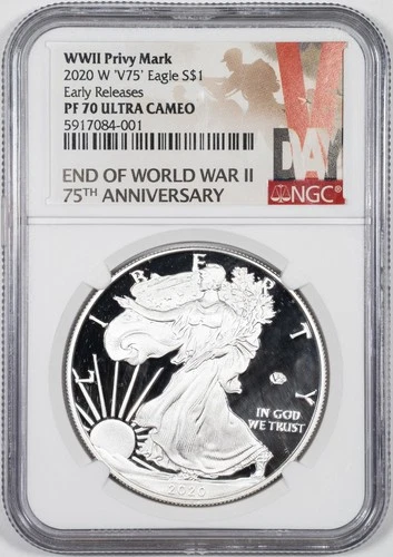 2020-W NGC PF70 American Silver Eagle End of World War II V75 Privy Mark