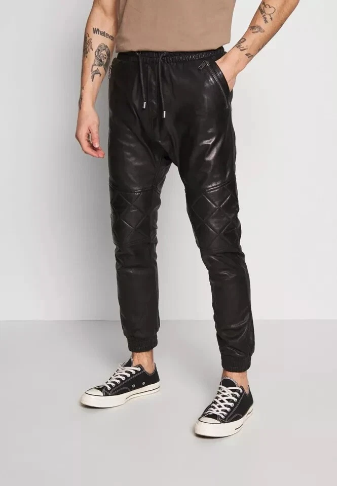 Men's Black Lambskin Leather Sweat Pants| Real Soft Leather Gym Joggers Pant 34.