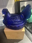 Hen on Nest Chicken Cobalt Blue Glass Depression Style split Tail Vintage Style