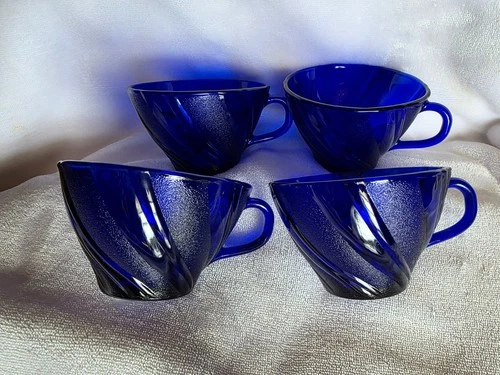 Set of 4 Vintage Arcoroc Cobalt Blue Swirl Textured Glass Teacups France