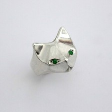 Anillo amante de los gatos anillo geométrico cara de gato plata esterlina ojo verde anillo de gato