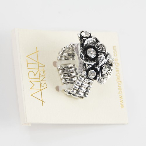 Amrita Singh Silver Crystal Eliza Floral Stretch Cocktail Ring RC 478 NWT - Picture 6 of 6