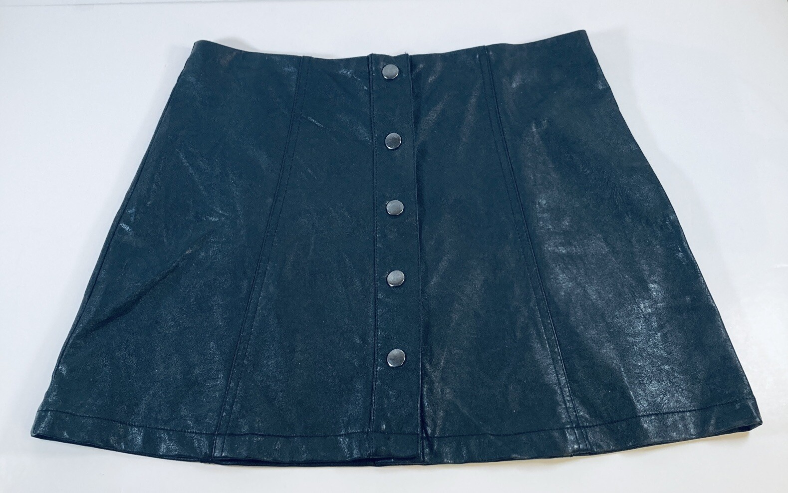 Faux Leather Mini Skirt with Silver Snaps Women M 29W Black Moto Biker Style