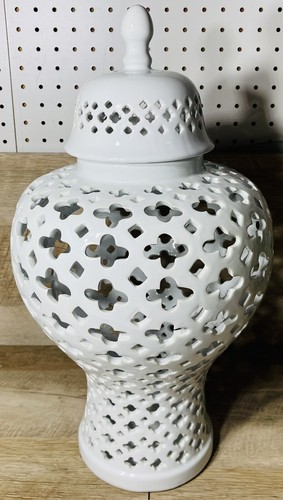 Pier 1 White Cut Out XL Ceramic Ginger Temple Jar With Lid Vase Decor 19 3/8” H - Picture 1 of 10
