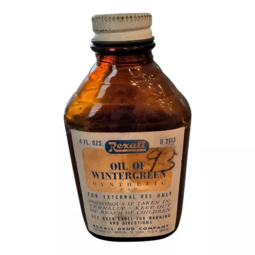 Vintage Rexall Oil of Wintergreen Synthetic U.S.P. U2113 4 FL. OZ. Brown Glass