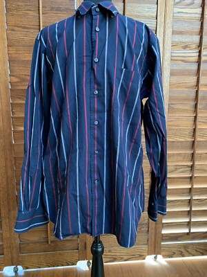 Corneliani Men Italian Made Cotton Shirt Medium Blue Red & White Stripes Casual