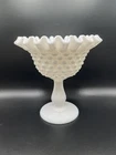Vintage Fenton White Milk Glass Hobnail Footed Compote 6" Tall  5”Wide RuffleTop