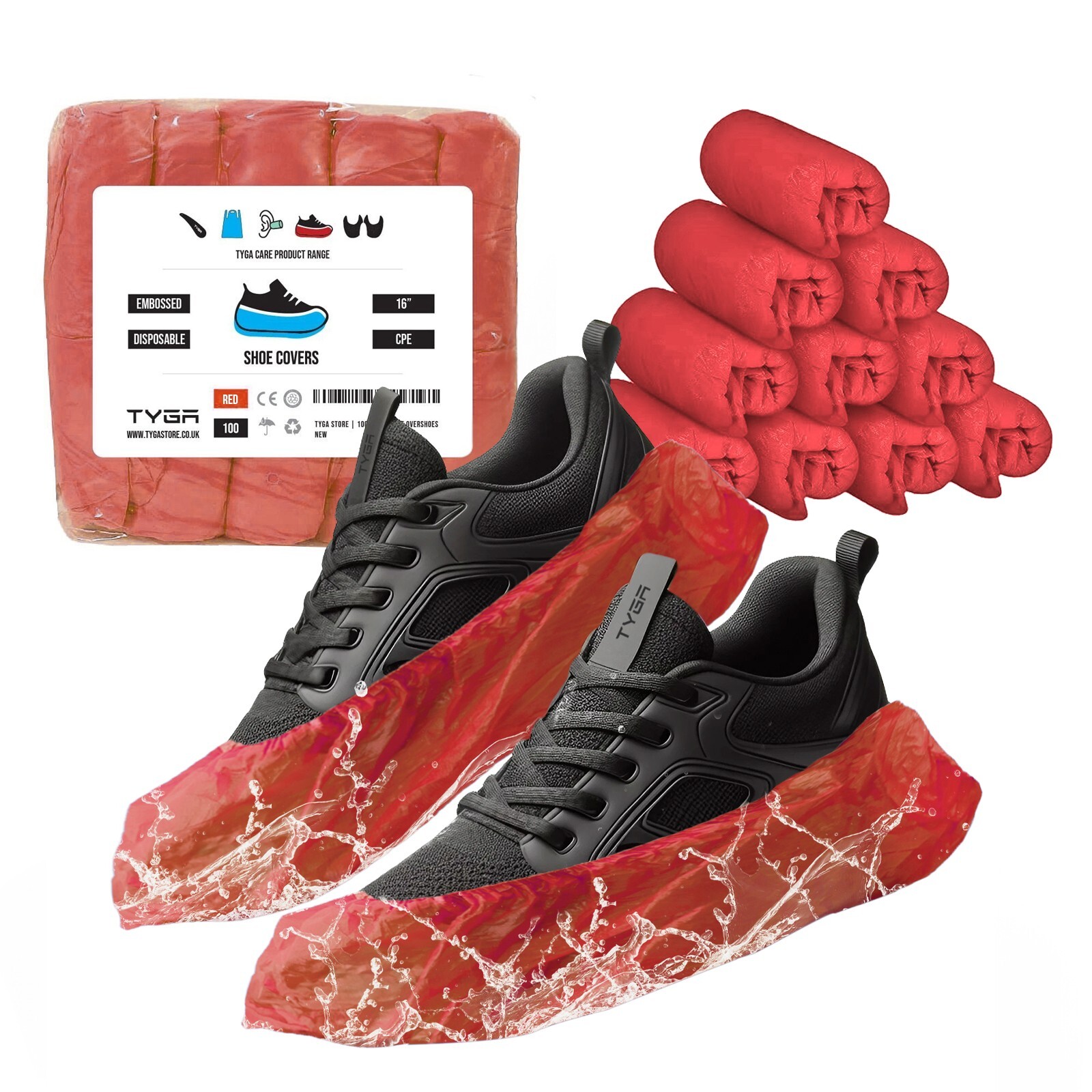 TYGA 100 x Red Disposable Shoe Covers Overshoes, CPE, Anti Slip, Universal Fit