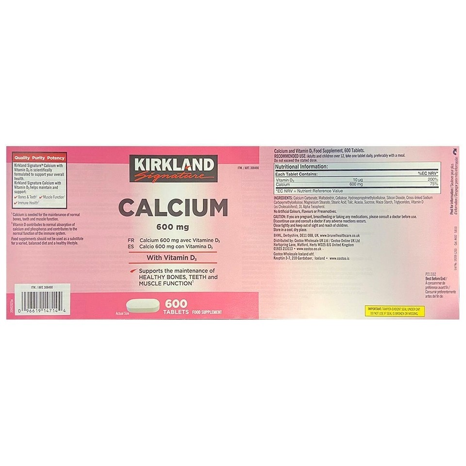 Kirkland Signature Calcium 600mg Vitamin D3 Food Supplement 600