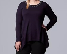 Vera Wang; Women Plus, Long Sleeve, Handkerchief Hem, Lt Wt Sweater: Purp, Sz 0X