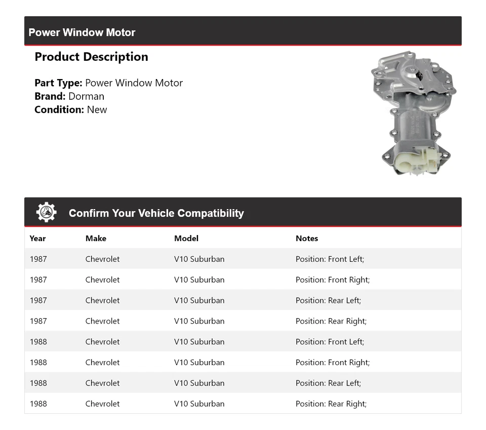 Motor de ventana eléctrica Chevrolet V10 Suburban Dorman 1987-1988 Foto 2 de 4