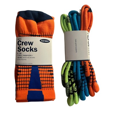 Old Navy Kids Size Large ~ Go-Dry Crew Socks 3-Pack ~ Shoes Size 3-5 ~ Bright