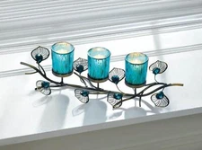 16" LONG TEAL BLUE TURQUOISE PEACOCK CANDELABRA CANDLE HOLDER TABLE CENTERPIECE