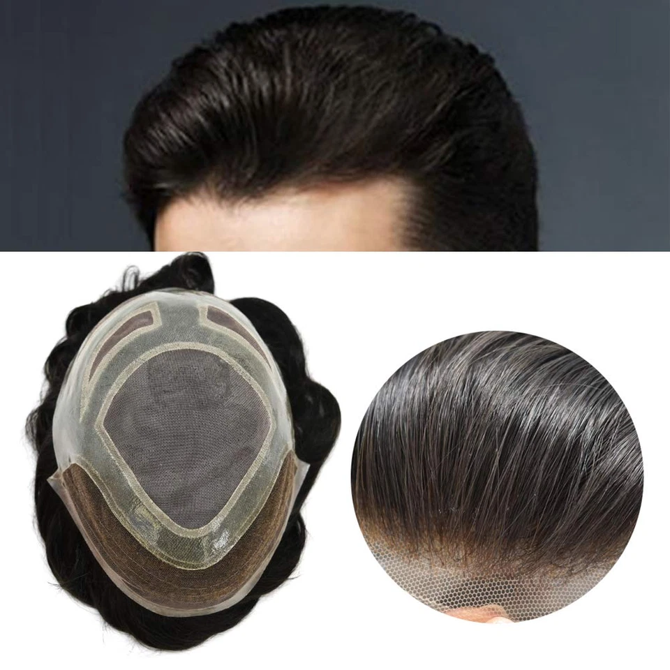 Swiss Lace Front Mens Toupee Hairpieces Mono Pu Hair Replacement System for Men - Image 4 of 4