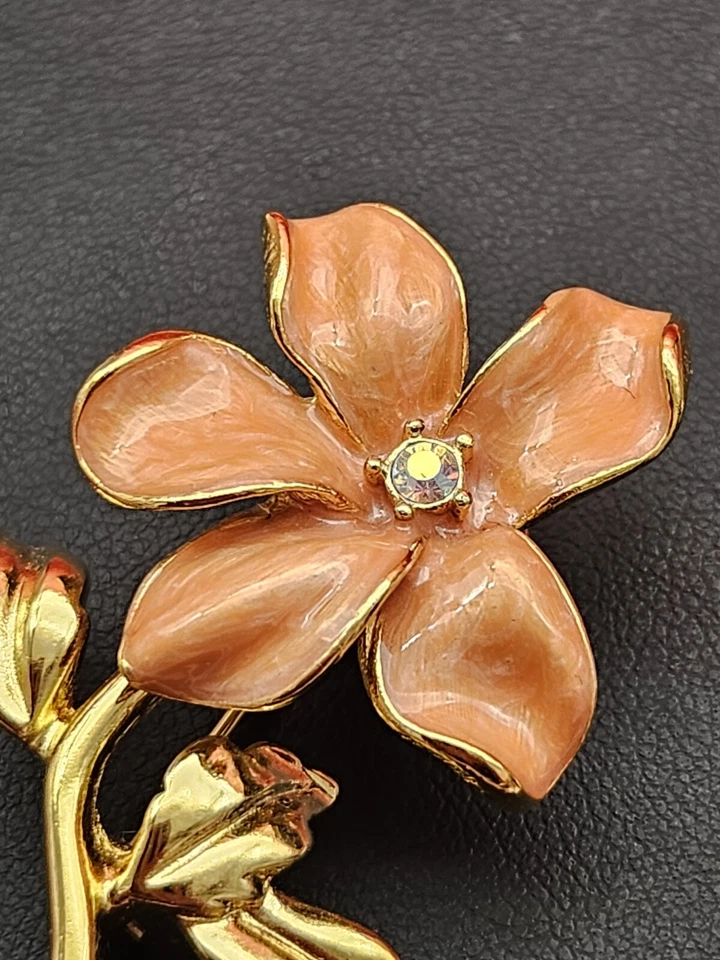  Vintage Joan Rivers DOGWOOD FLOWER BROOCH Pin 2" Coral Gold AB Crystal - Image 3 of 4