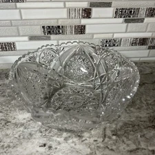 American Brilliant Large Bowl Cut Glass Crystal Sawtooth Hobsters Stars APB 8.5”