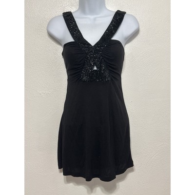90s Y2K Going Out Charlotte Russe Beaded Babydoll Top M Black Fairy Goth Glam