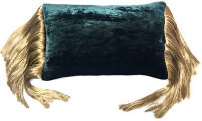 Anke Drechsel Cushion PLAIN Silver LONG Fringe Teal Silk Velvet Kissen Blau