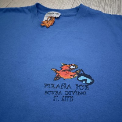 Pirana Joe Shirt Mens Large Blue Scuba Diving St Kitts Caribbean Graphic Tee