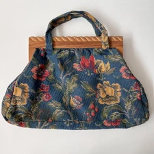 Vintage floral tapestry handbag carved wood frame whimsical victorian purse