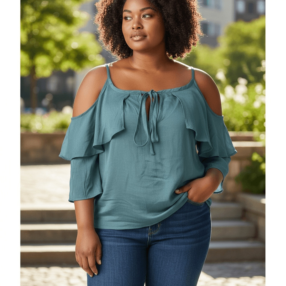Solid Teal Cold Shoulder Ruffle Blouse with Tie F… - image 1