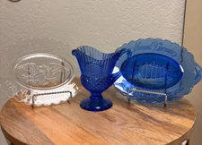 SET OF 3 GEORGE AND MARTHA WASHINGTON FOSTORIA BLUE GOBLET PITCHER & PLATES