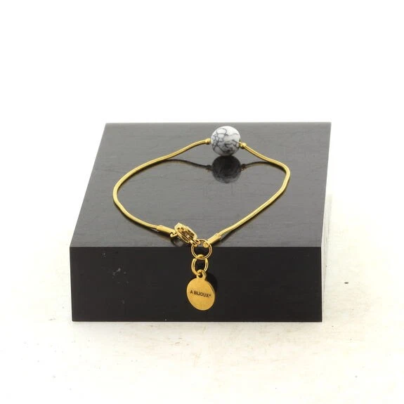 Gold Stainless Steel Ankle Bracelet 1 Howlite Pearl 8 Mm. Made In - Image 3 of 3