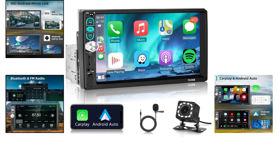 Auto Radio 1 Din Touchscreen Bluetooth Carplay Android Auto FM USB AUX Spiegel - Bild 2 von 4