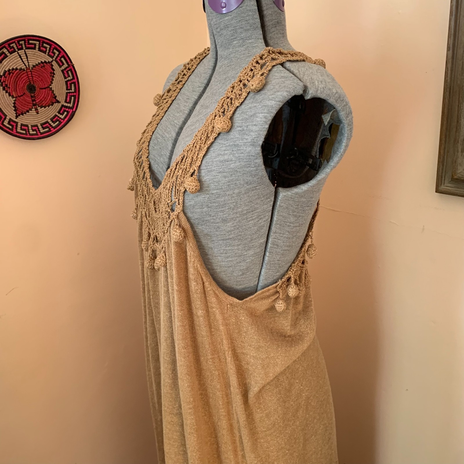 ZARA S Maxi Dress Crochet Yoke Linen Blend Sand Tan Boho Festival Beach Resort thumbnail 4