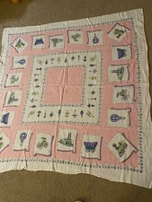VINTAGE LINEN TABLECLOTH PINK WHITE SHIPS WAG...