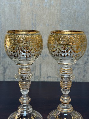 Antique Bohemian Gold Gilt Hand Blown Glass Goblets   Baroque Style Stemware Pai