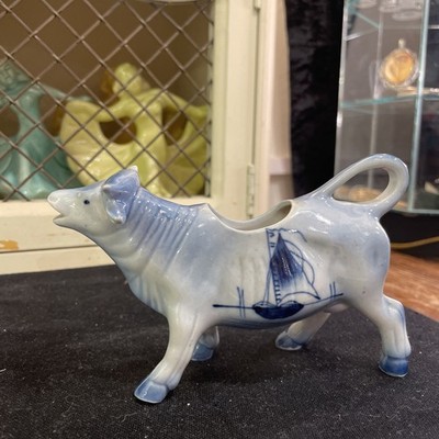 Vintage Delft Blue & White Porcelain Cow Creamer Figurine Collectible 