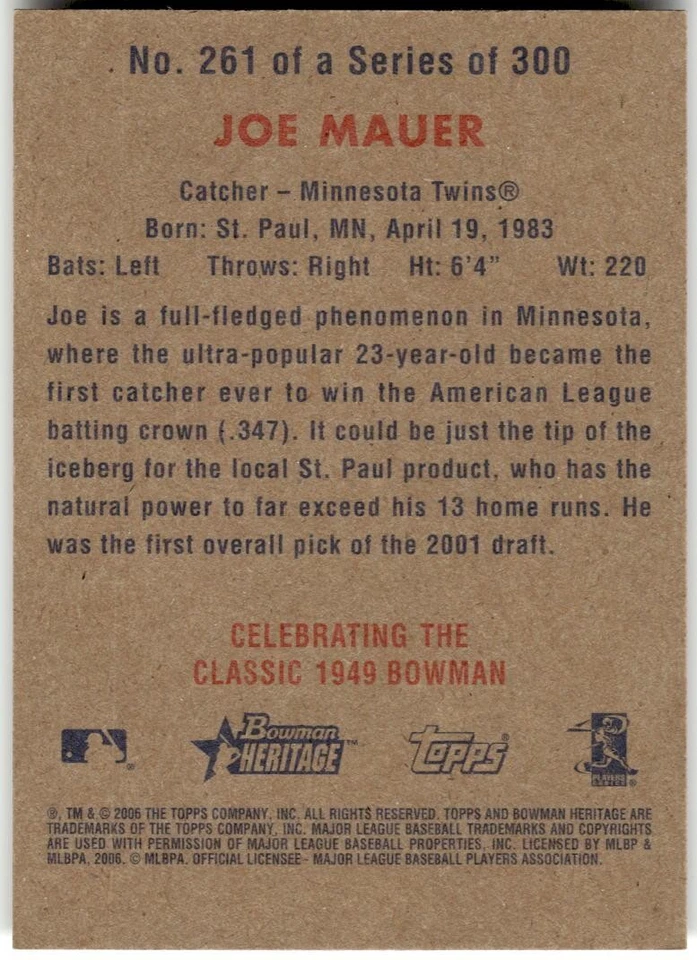 2006 Bowman Heritage #261 Joe Mauer Baseball Card - Image 2 of 2